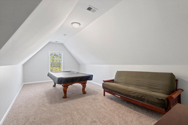 recreation room featuring light carpet, billiards, and vaulted ceiling