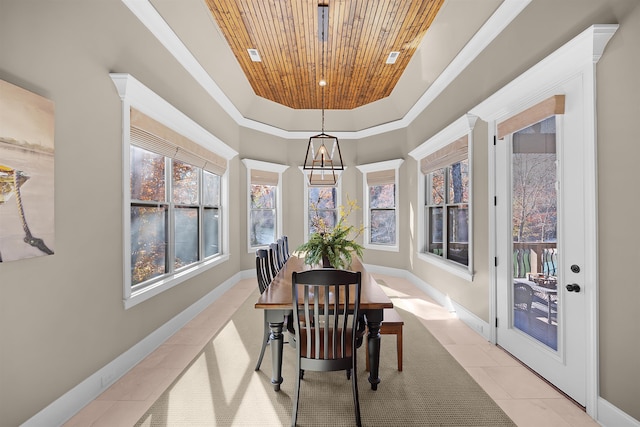 tiled dining space with a chandelier, a raised ceiling, and wood ceiling