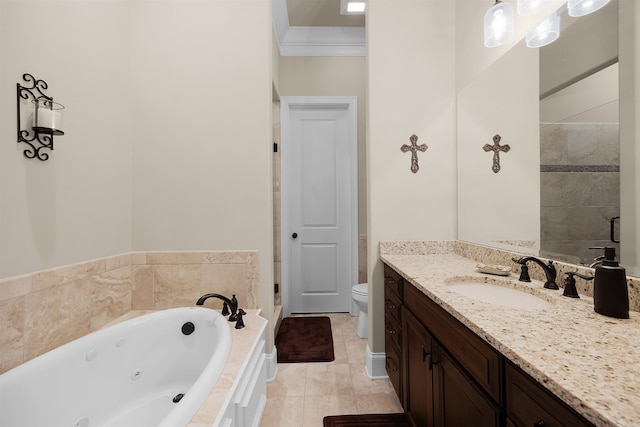 bathroom with ornamental molding, vanity, tile patterned flooring, tiled bath, and toilet