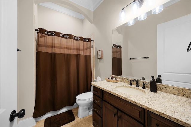 bathroom featuring walk in shower, tile patterned floors, toilet, vanity, and ornamental molding