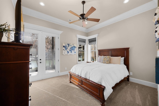 carpeted bedroom featuring access to exterior, multiple windows, crown molding, and ceiling fan