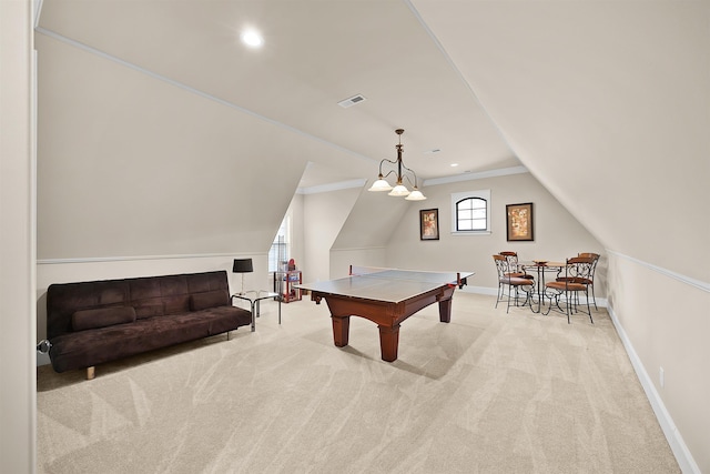 rec room with light colored carpet, vaulted ceiling, and plenty of natural light