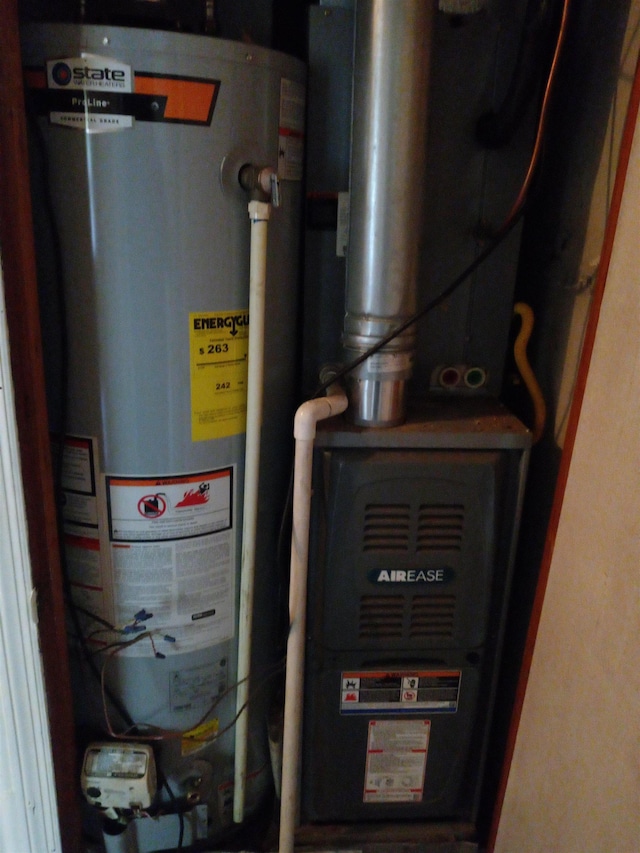 utility room with gas water heater and heating unit