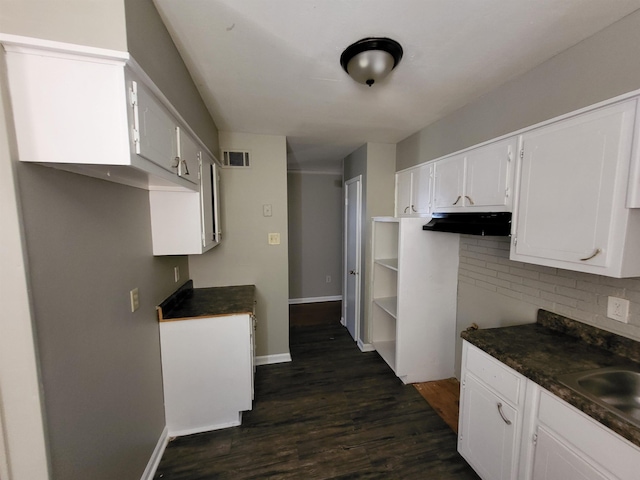 1247 Vistaview Cv, Memphis, TN 38127 - kitchen with under cabinet range hood, dark wood-style flooring, tasteful backsplash, and white cabinetry