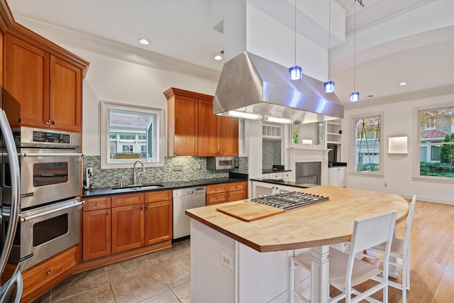 kitchen featuring a healthy amount of sunlight, stainless steel appliances, decorative light fixtures, and wood counters