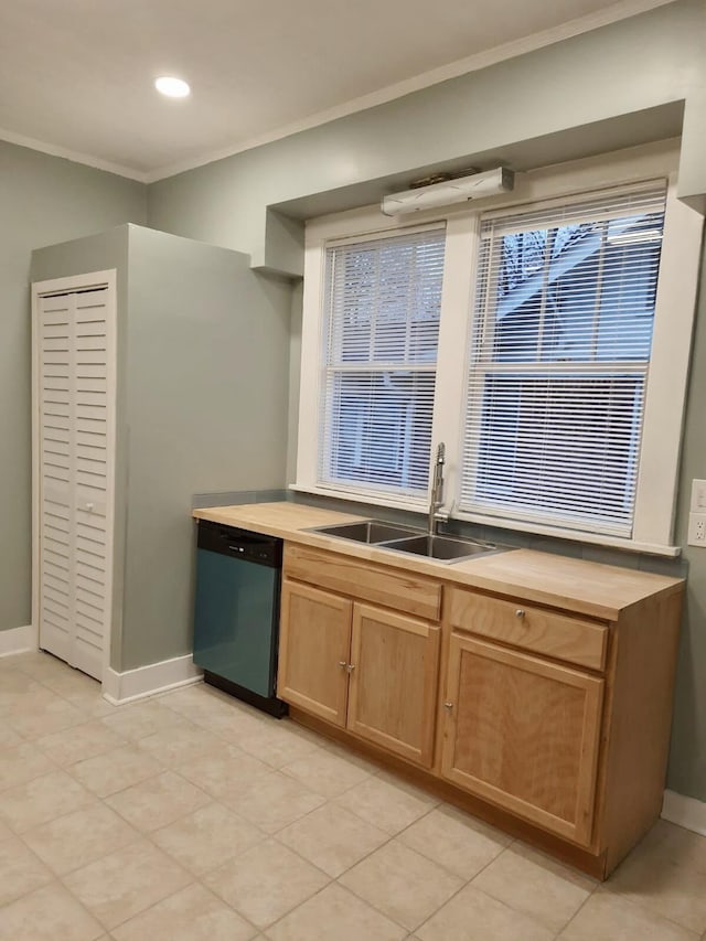 kitchen featuring stainless steel dishwasher, ornamental molding, and sink