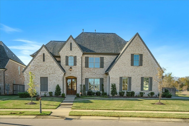 view of front of house with a front lawn and french doors