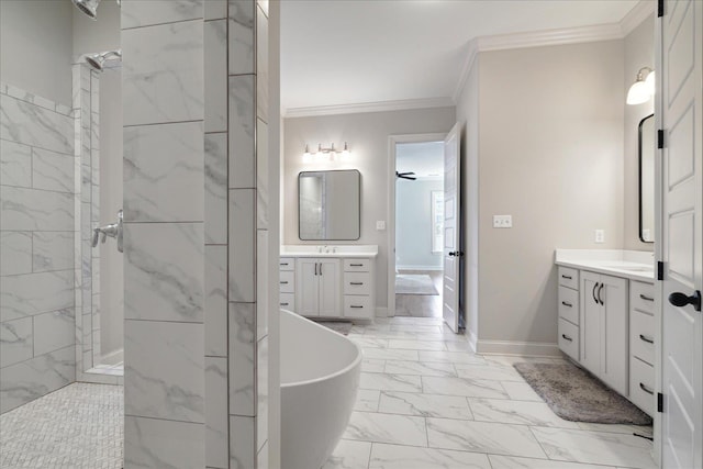 bathroom with vanity, separate shower and tub, ornamental molding, and ceiling fan