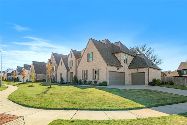 french country home featuring a front lawn and a garage