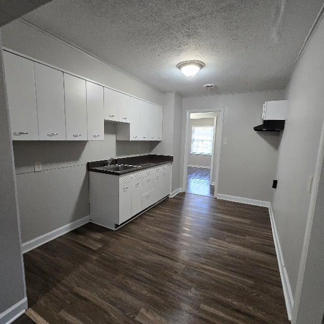 kitchen with a textured ceiling, white cabinetry, dark wood-type flooring, and sink