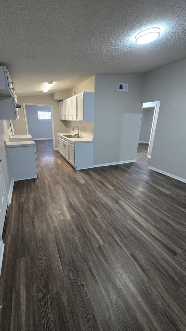 unfurnished living room featuring a textured ceiling, sink, and dark hardwood / wood-style floors