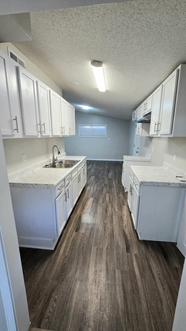 kitchen featuring dark hardwood / wood-style flooring, light stone counters, a textured ceiling, sink, and white cabinetry