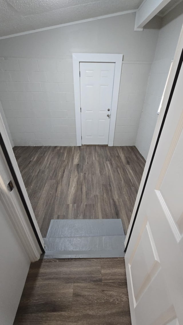 interior space with wood-type flooring, a textured ceiling, and vaulted ceiling