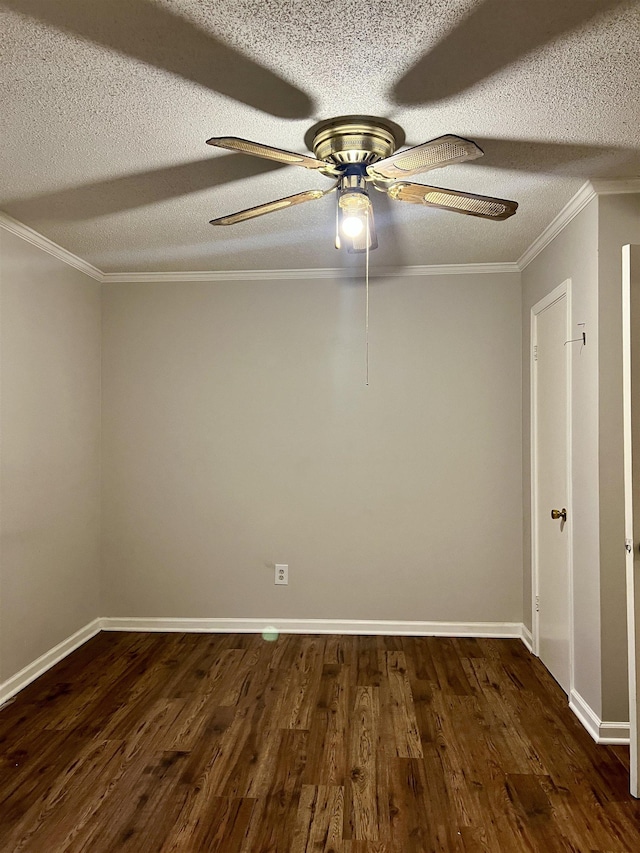 empty room featuring a textured ceiling, crown molding, ceiling fan, and dark wood-type flooring