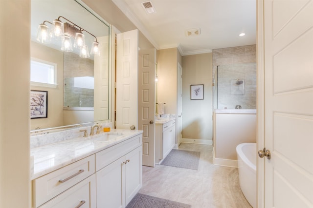 bathroom with tile patterned floors, vanity, ornamental molding, and shower with separate bathtub