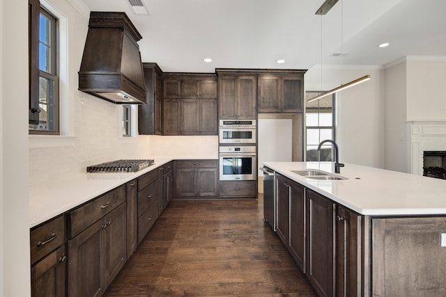 kitchen featuring sink, dark wood-type flooring, premium range hood, decorative light fixtures, and appliances with stainless steel finishes