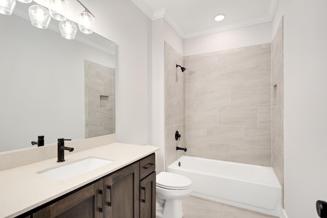 full bathroom with vanity, crown molding, tile patterned flooring, toilet, and tiled shower / bath