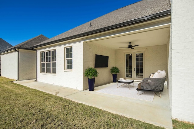 view of patio with ceiling fan and french doors