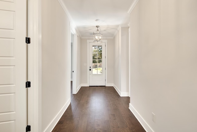 entryway featuring a chandelier, dark hardwood / wood-style floors, and crown molding