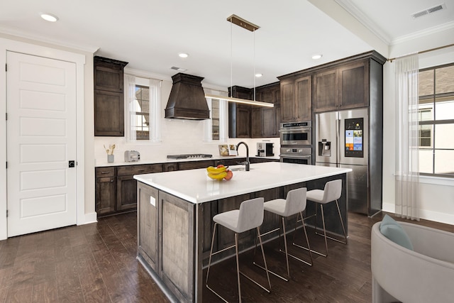 kitchen with pendant lighting, dark wood-type flooring, premium range hood, an island with sink, and appliances with stainless steel finishes