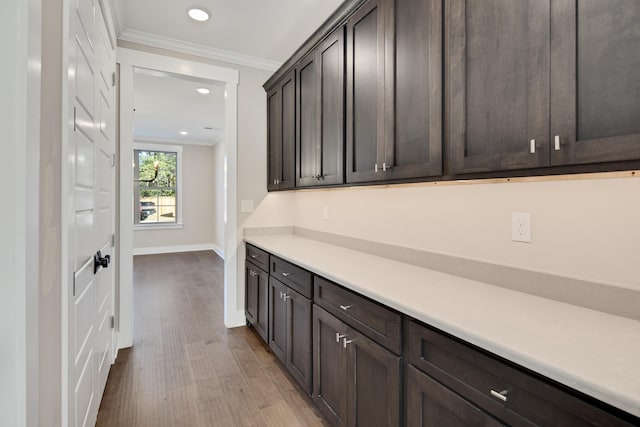 bar featuring dark brown cabinets, ornamental molding, and light wood-type flooring