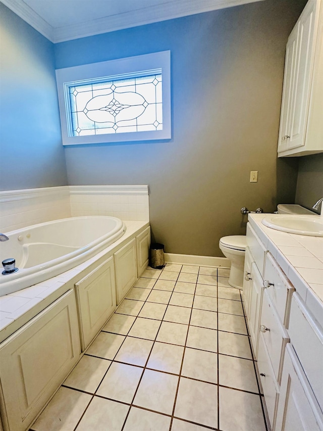 bathroom featuring tile patterned flooring, a washtub, toilet, and crown molding