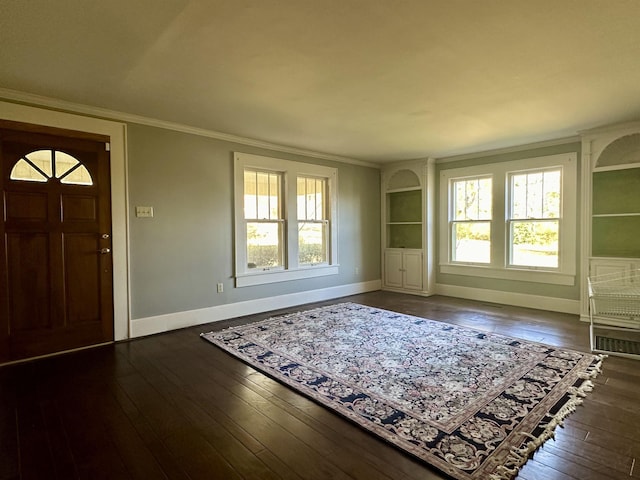 foyer entrance featuring ornamental molding, dark hardwood / wood-style floors, and a healthy amount of sunlight