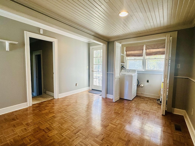 interior space with washer / dryer, parquet floors, ornamental molding, and wooden ceiling