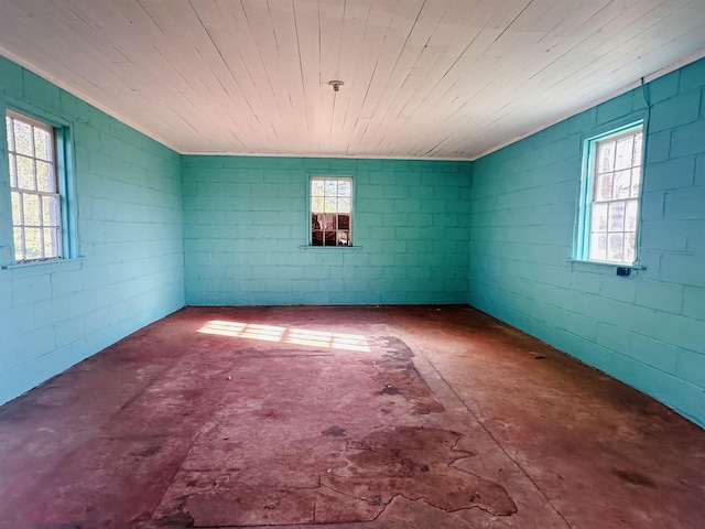 basement with plenty of natural light and wooden ceiling