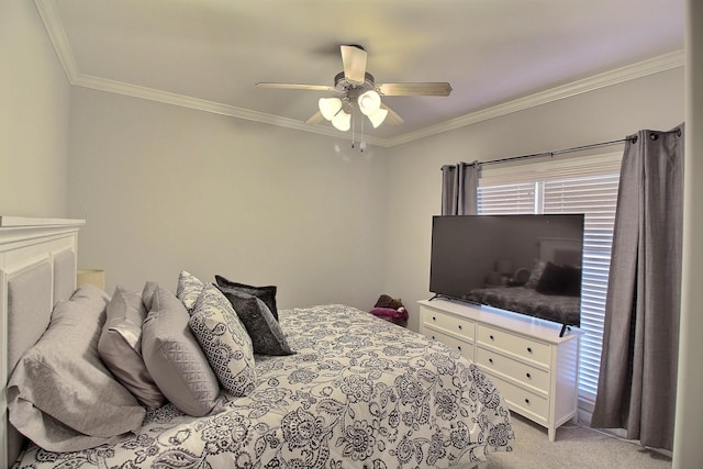 bedroom with ceiling fan, light colored carpet, and ornamental molding