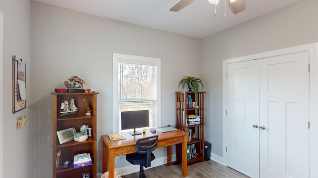 office area with ceiling fan and wood-type flooring