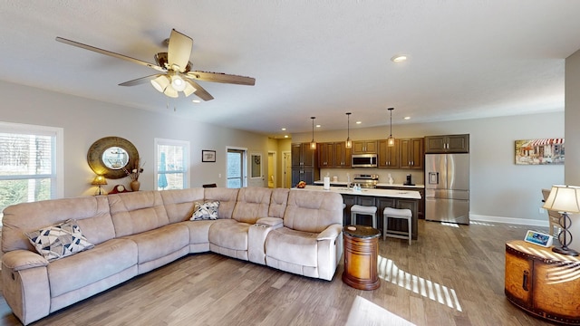 living room featuring hardwood / wood-style floors and ceiling fan