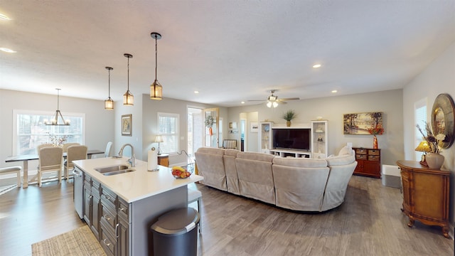 kitchen featuring dishwasher, sink, hanging light fixtures, hardwood / wood-style flooring, and an island with sink