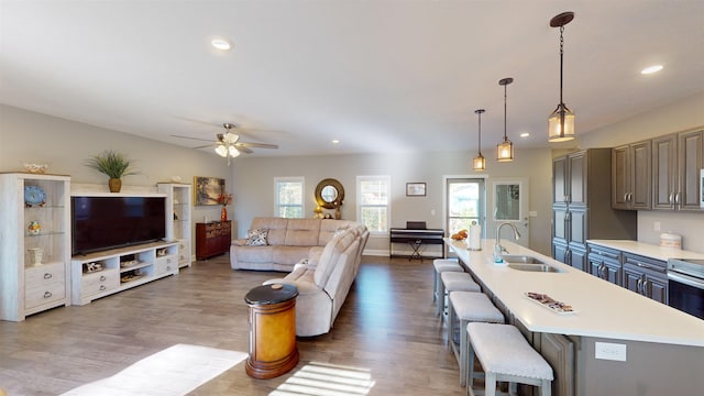 kitchen featuring sink, a kitchen bar, gray cabinets, a kitchen island with sink, and hardwood / wood-style flooring