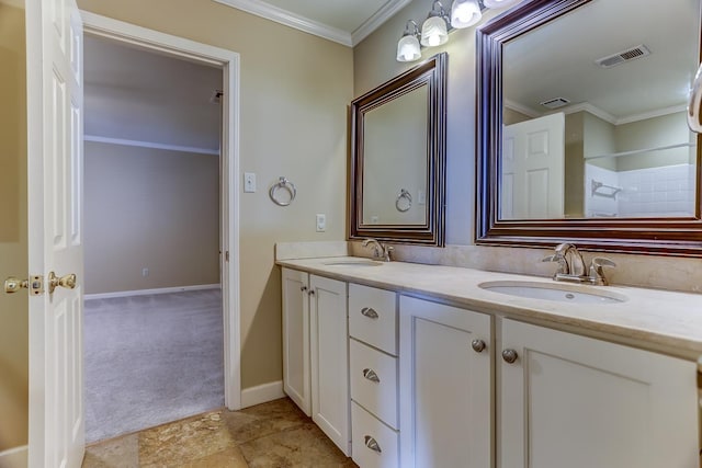 bathroom with vanity and crown molding