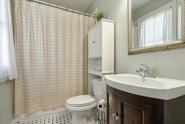 full bathroom featuring vanity, toilet, and shower / bathtub combination with curtain