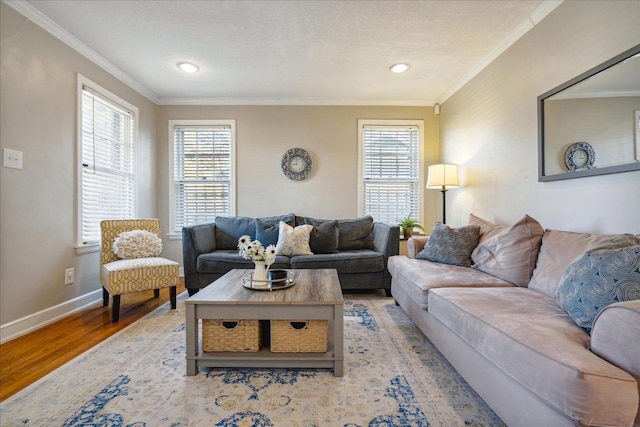 living room with light wood-type flooring and crown molding