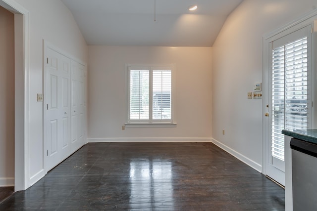 foyer with vaulted ceiling and dark wood-type flooring