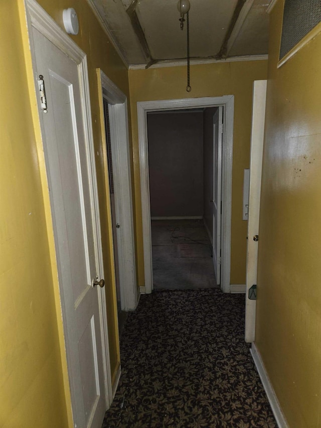 hallway with dark colored carpet