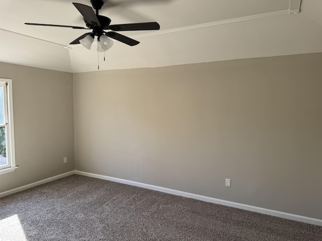 unfurnished room featuring carpet flooring, ceiling fan, and lofted ceiling