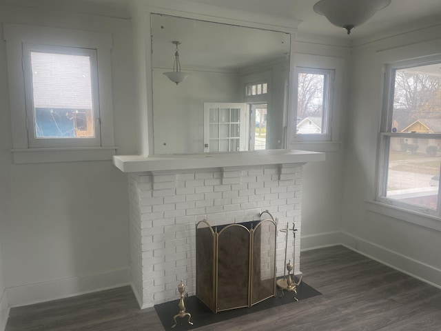 details with wood-type flooring and a brick fireplace