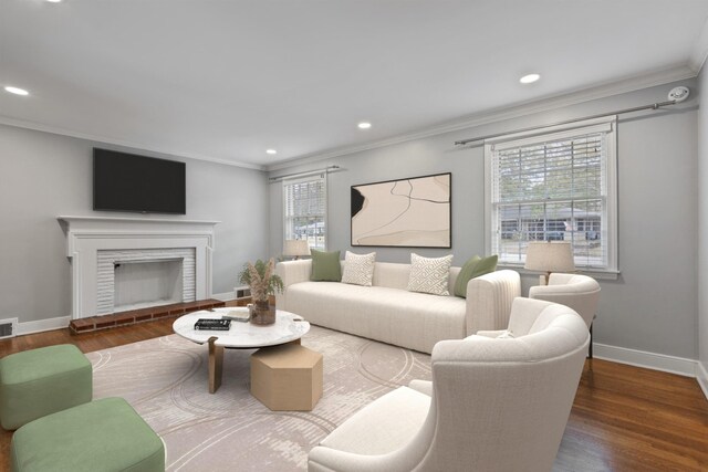 living room featuring dark hardwood / wood-style floors, ornamental molding, and a fireplace