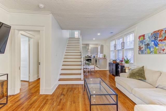 living room with a textured ceiling, light wood-type flooring, and crown molding