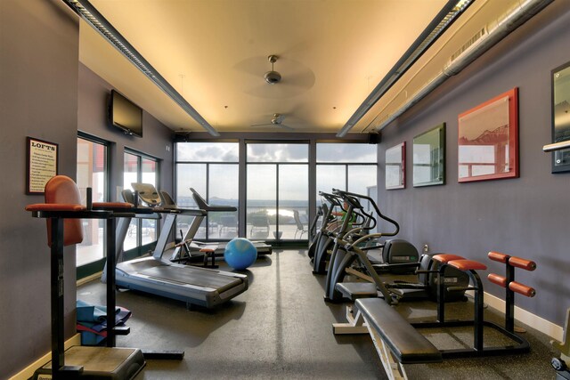 workout area featuring ceiling fan