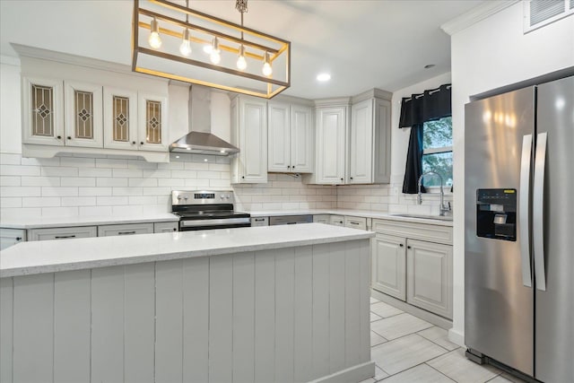 kitchen with appliances with stainless steel finishes, backsplash, sink, wall chimney range hood, and pendant lighting