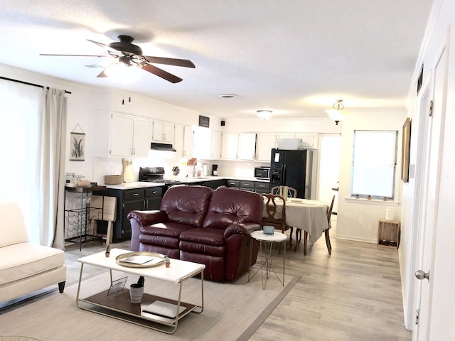 living room featuring a wealth of natural light, sink, a textured ceiling, and light wood-type flooring