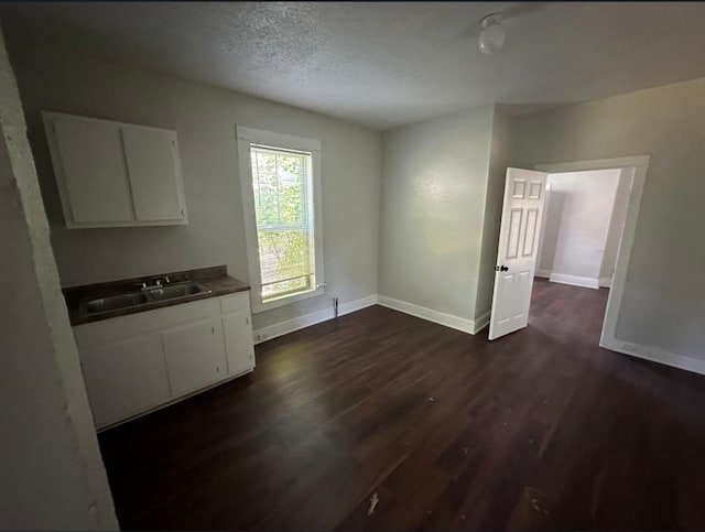 interior space featuring a textured ceiling, dark hardwood / wood-style flooring, and sink