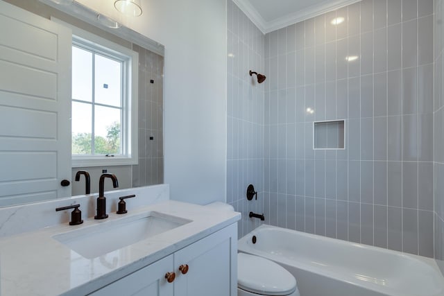 full bathroom with shower / tub combination, toilet, vanity, and ornamental molding