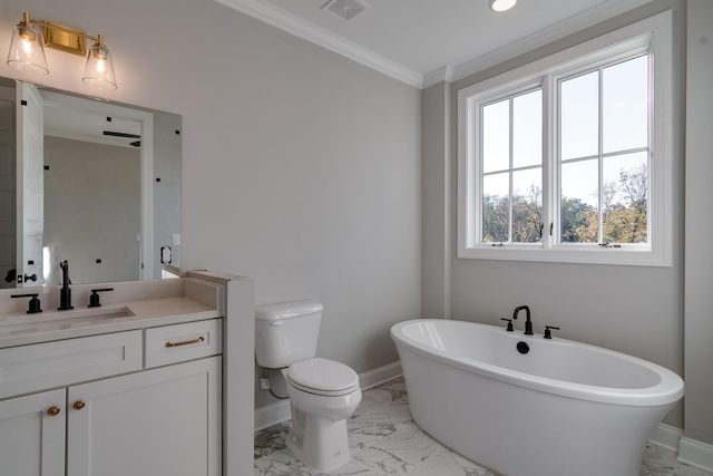 bathroom with toilet, a washtub, vanity, and ornamental molding