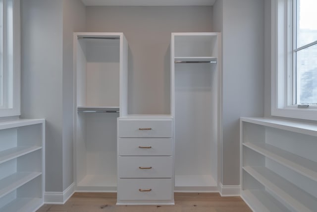 spacious closet with light hardwood / wood-style flooring